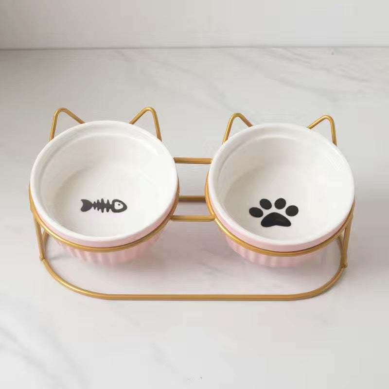 Tall Diagonal Ceramic Pet Double Feeding Bowl Water Bowl