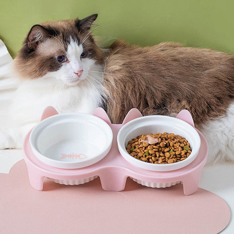 Tall Diagonal Ceramic Pet Double Feeding Bowl Water Bowl