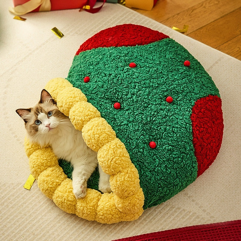 Winter Warm Semi-Closed Christmas Style Pet Sleep Tunnel Nest