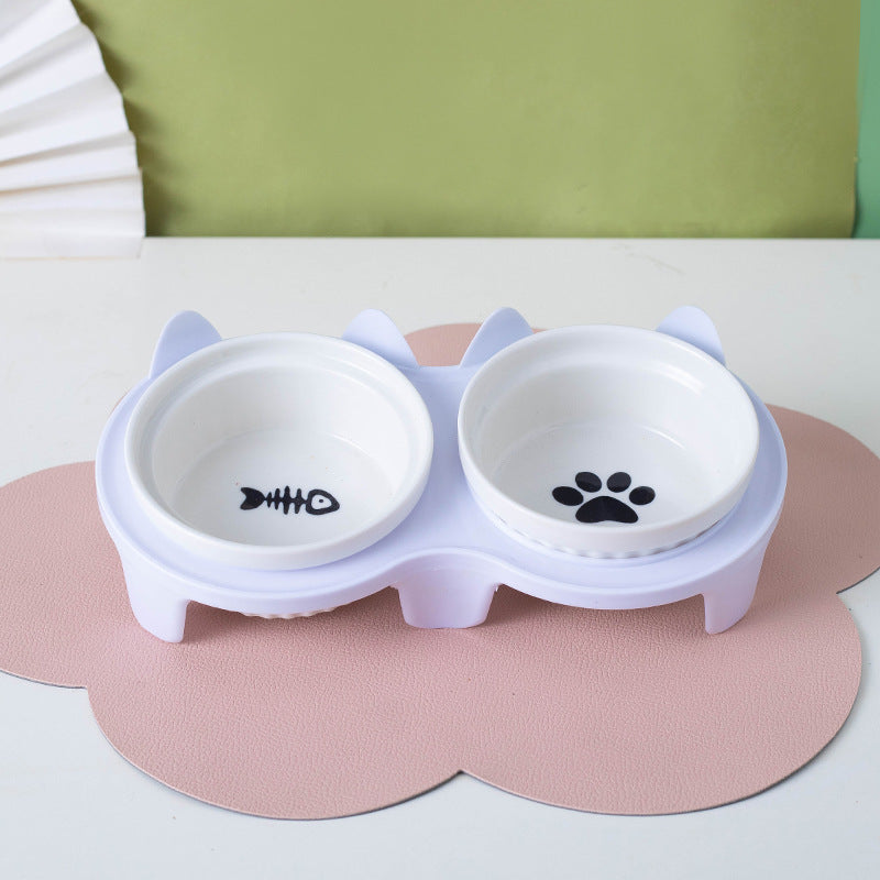 Tall Diagonal Ceramic Pet Double Feeding Bowl Water Bowl