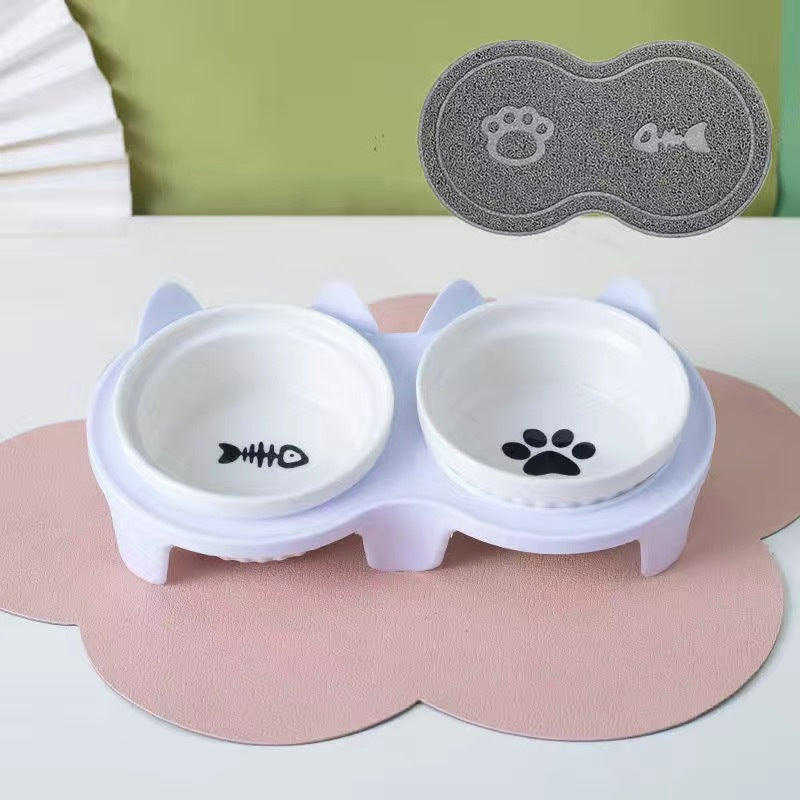 Tall Diagonal Ceramic Pet Double Feeding Bowl Water Bowl