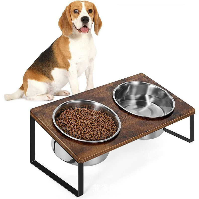 Pet Iron Wood Combined Feeding Bowl Rack Stand