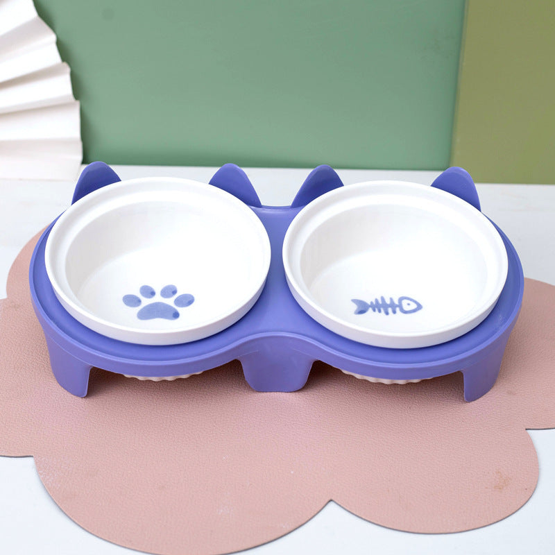 Tall Diagonal Ceramic Pet Double Feeding Bowl Water Bowl