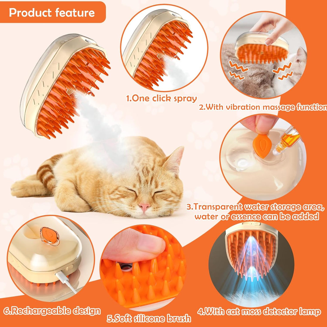 4 In 1 Pet Steam Grooming Brush Hair Removal Massage Tool