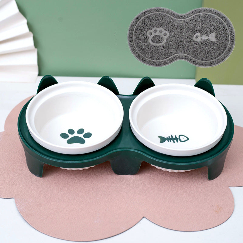 Tall Diagonal Ceramic Pet Double Feeding Bowl Water Bowl