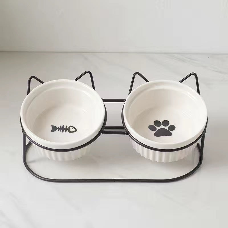 Tall Diagonal Ceramic Pet Double Feeding Bowl Water Bowl