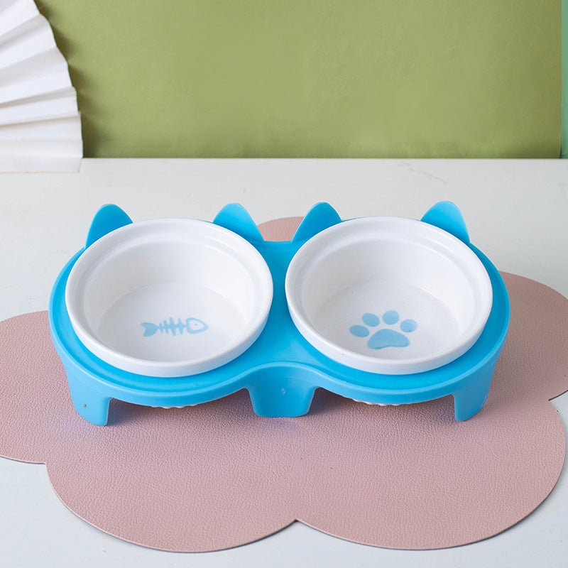 Tall Diagonal Ceramic Pet Double Feeding Bowl Water Bowl