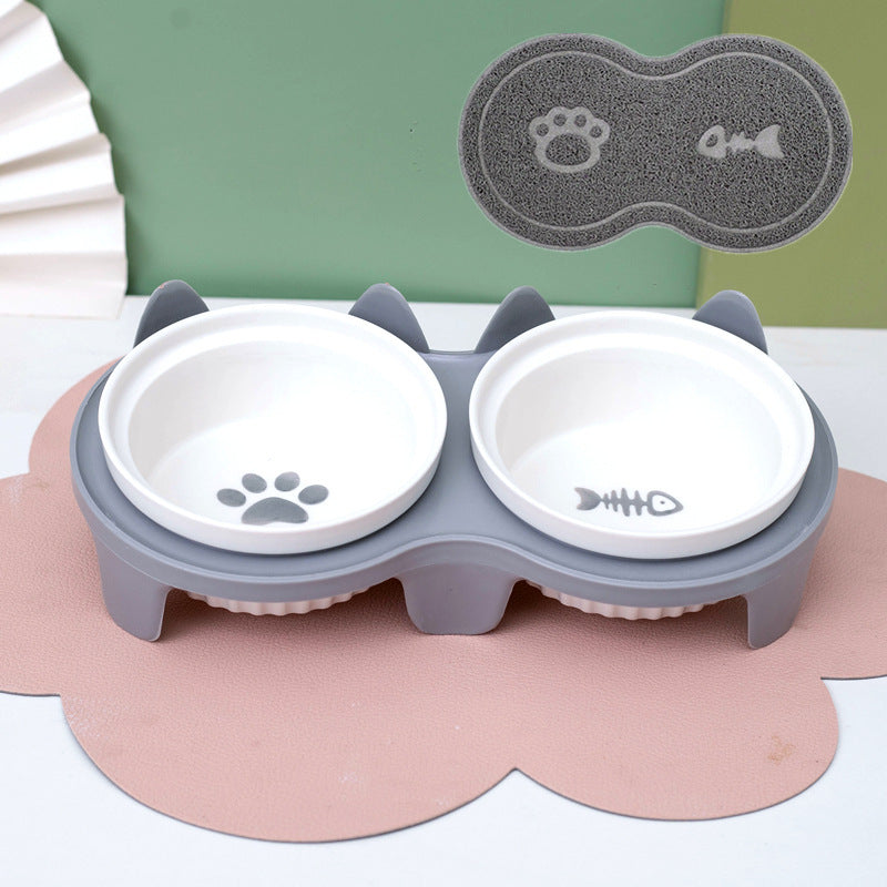 Tall Diagonal Ceramic Pet Double Feeding Bowl Water Bowl