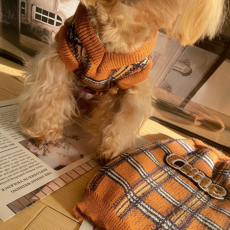 Vintage Plaid Pet Sweater Warm Cozy Apparel