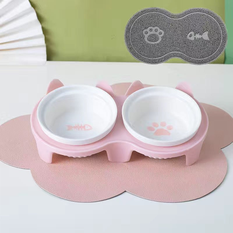 Tall Diagonal Ceramic Pet Double Feeding Bowl Water Bowl