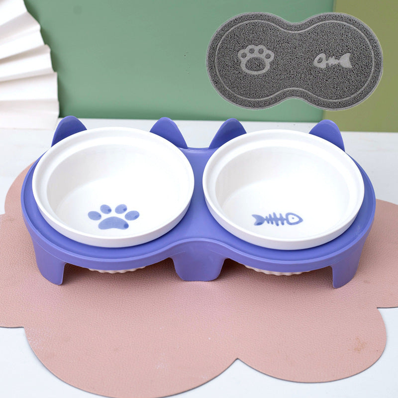 Tall Diagonal Ceramic Pet Double Feeding Bowl Water Bowl