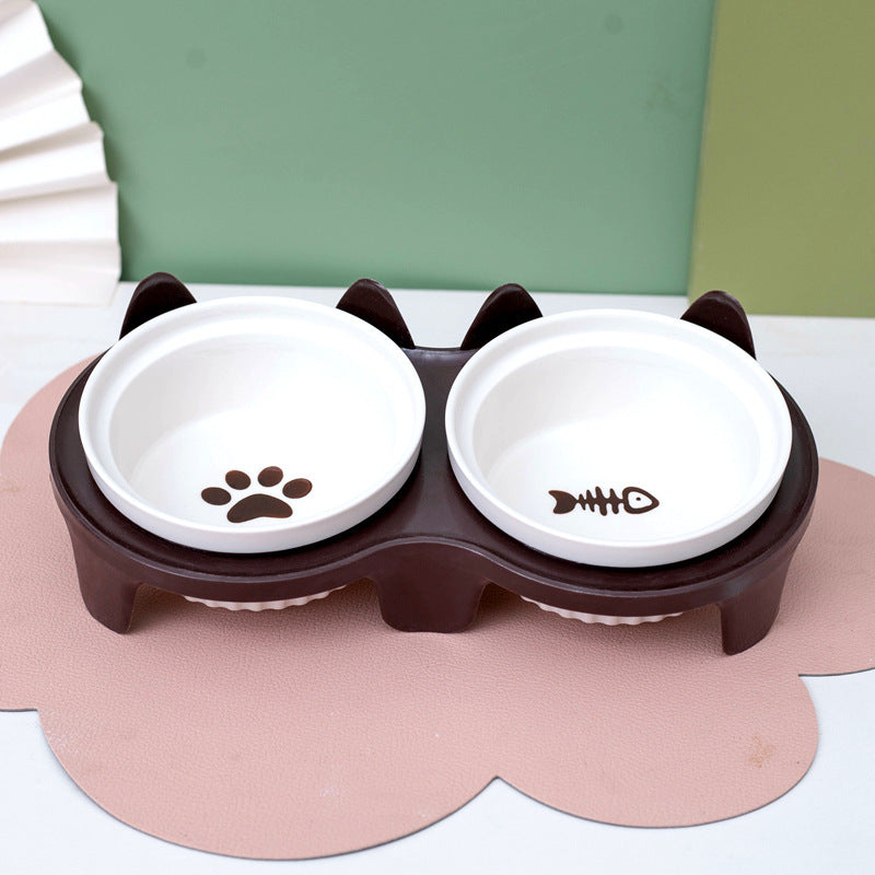 Tall Diagonal Ceramic Pet Double Feeding Bowl Water Bowl
