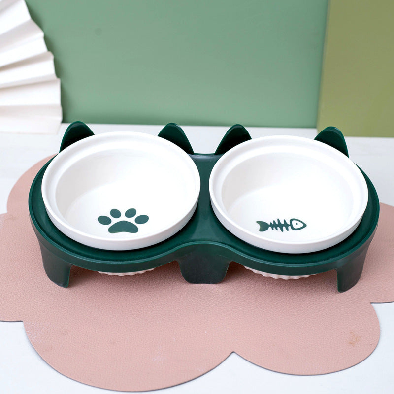 Tall Diagonal Ceramic Pet Double Feeding Bowl Water Bowl