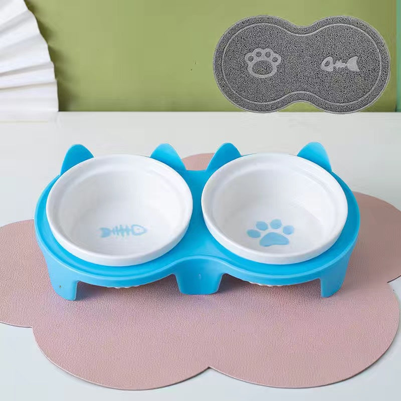 Tall Diagonal Ceramic Pet Double Feeding Bowl Water Bowl