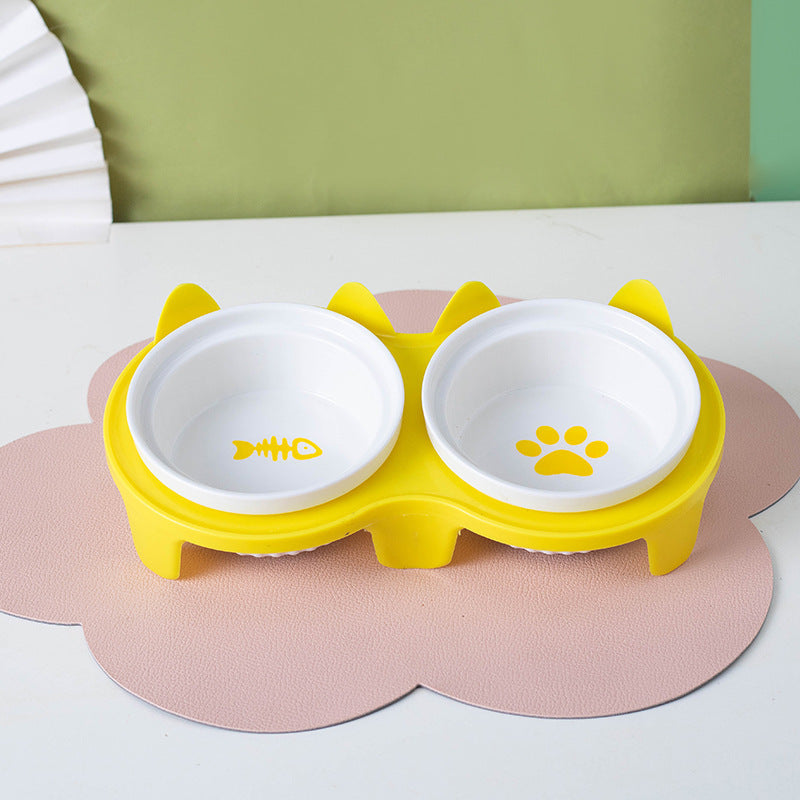 Tall Diagonal Ceramic Pet Double Feeding Bowl Water Bowl