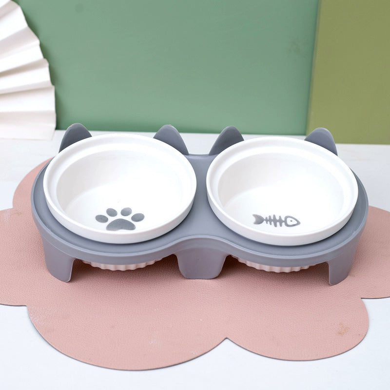 Tall Diagonal Ceramic Pet Double Feeding Bowl Water Bowl