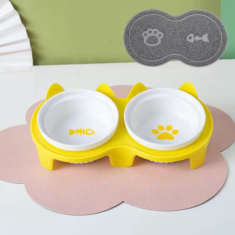 Tall Diagonal Ceramic Pet Double Feeding Bowl Water Bowl