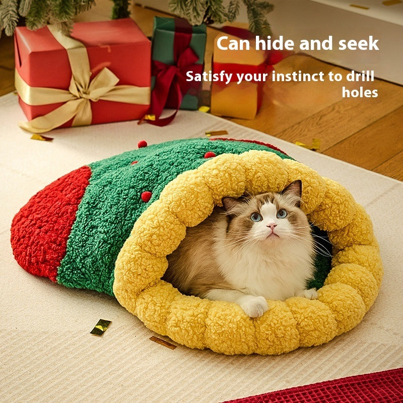 Winter Warm Semi-Closed Christmas Style Pet Sleep Tunnel Nest